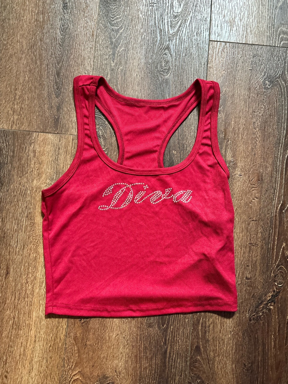 Y2K Women’s Red 'Diva' Rhinestone Racerback Ribbed Tank Top - Size Large - Picture 2 of 4